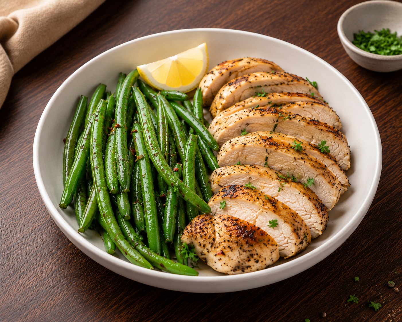 Grilled chicken breast slices with green beans