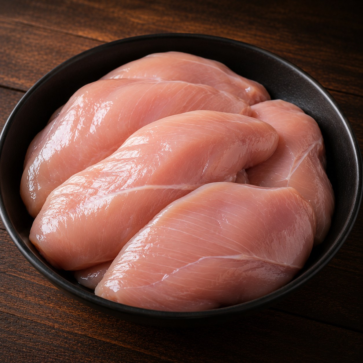 Fresh boneless chicken breast fillets in a bowl