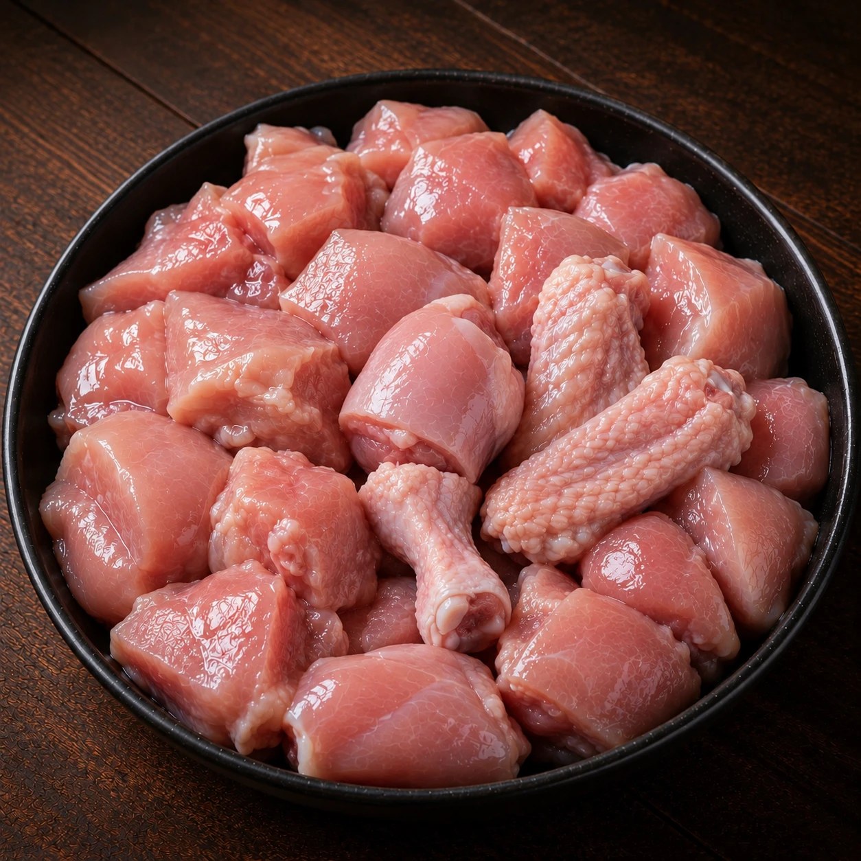 Fresh mixed curry cut chicken pieces in a bowl
