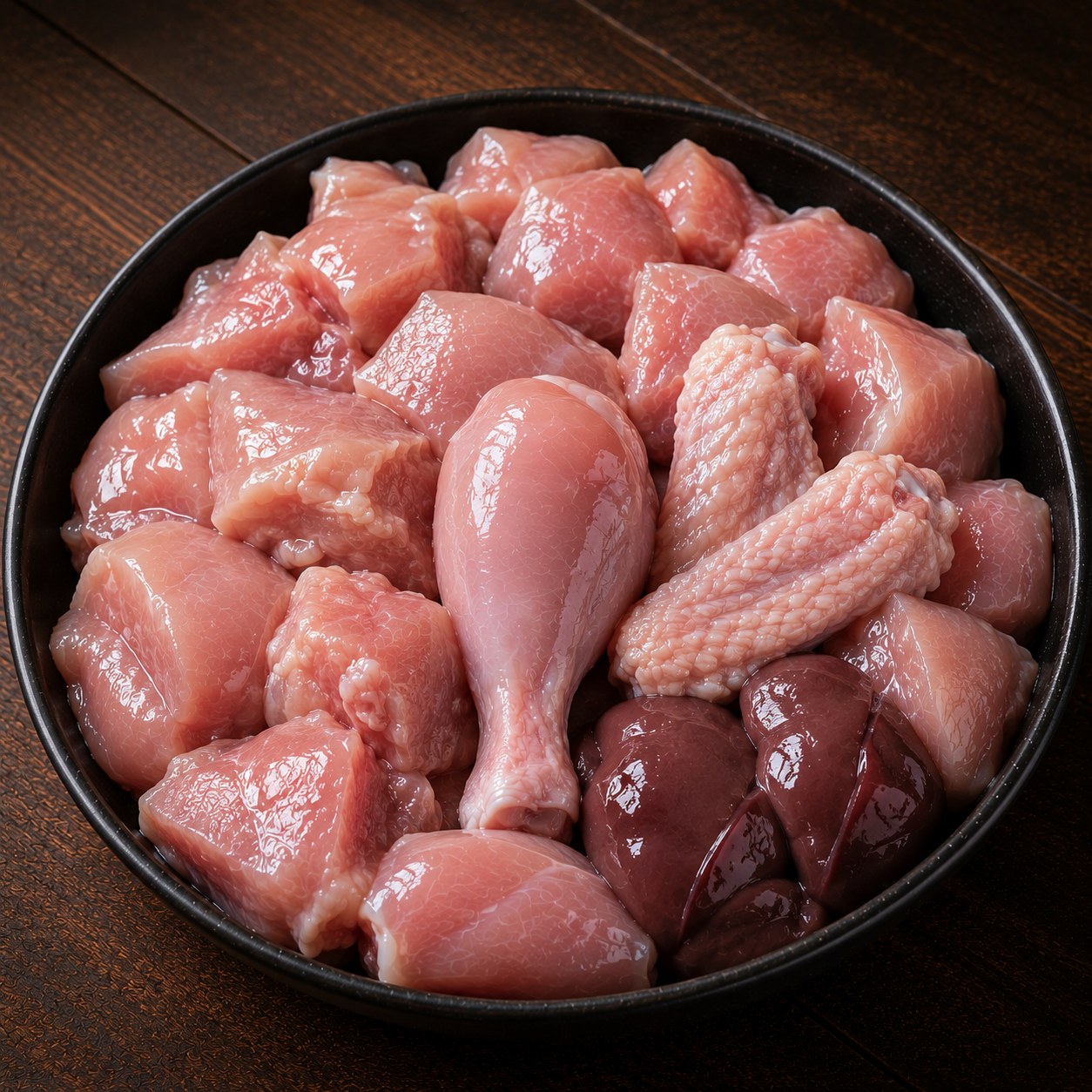 Fresh mixed curry cut chicken pieces in a bowl