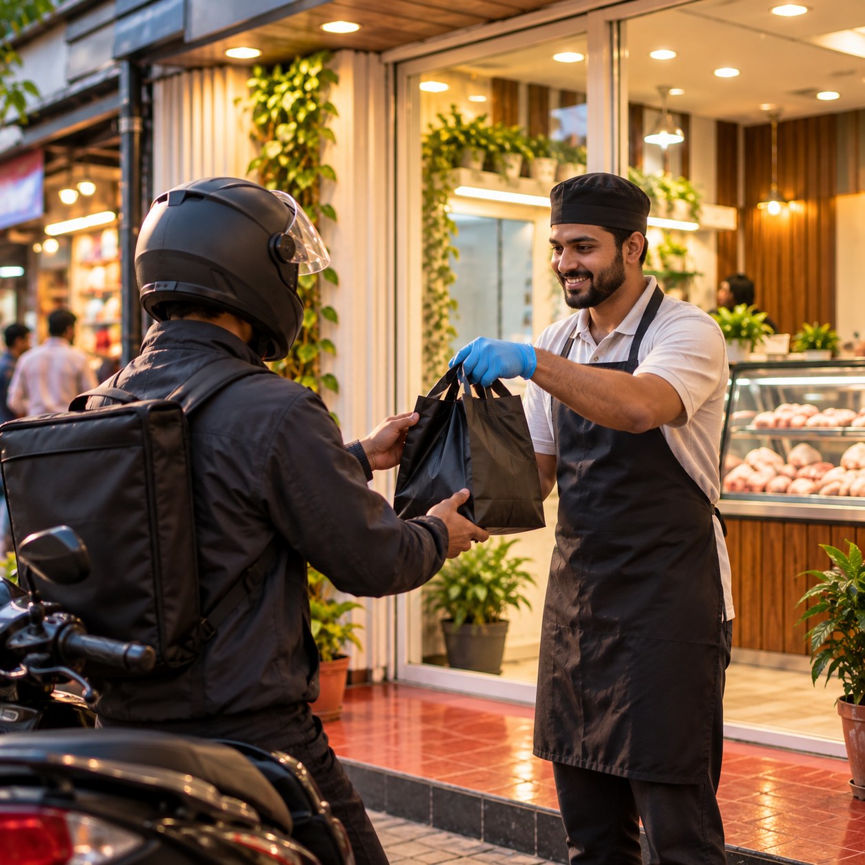 A Chigo shop worker handing a sealed delivery bag to a waiting rider