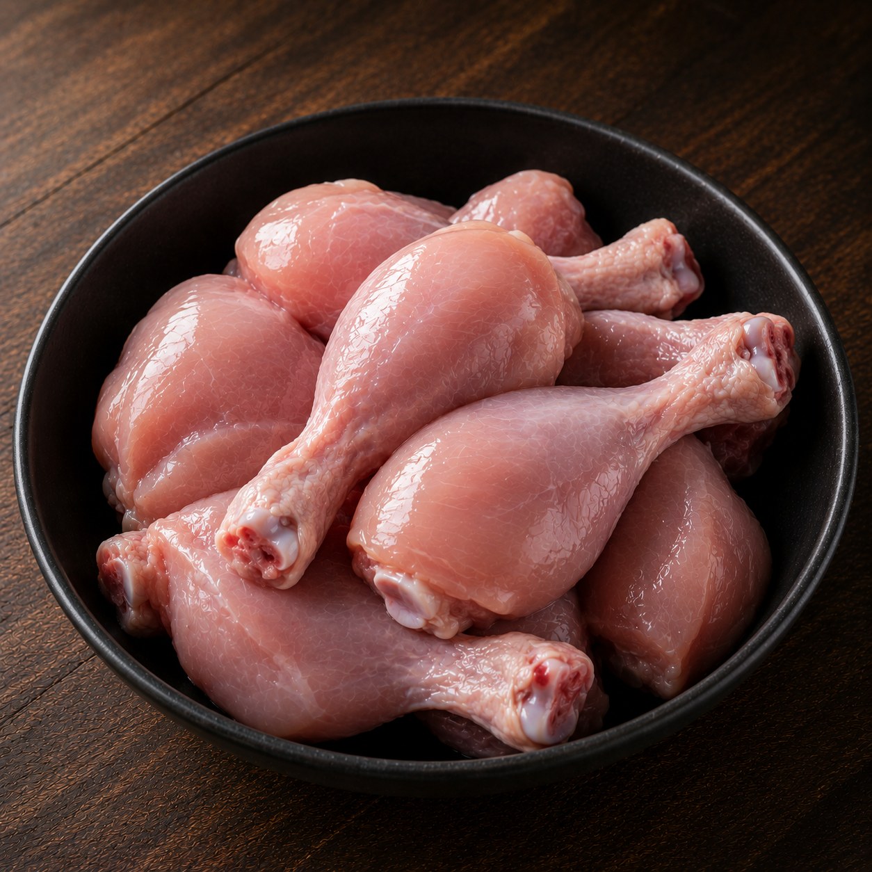 Fresh skinless chicken drumsticks in a bowl