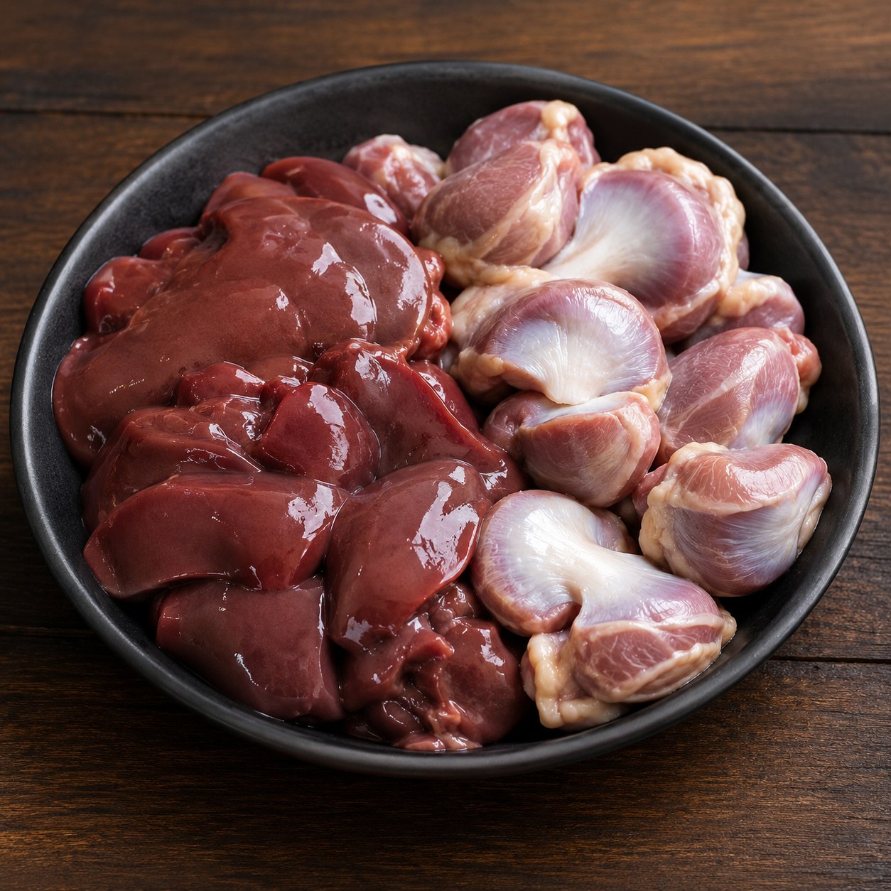 Fresh chicken liver and gizzard in a bowl