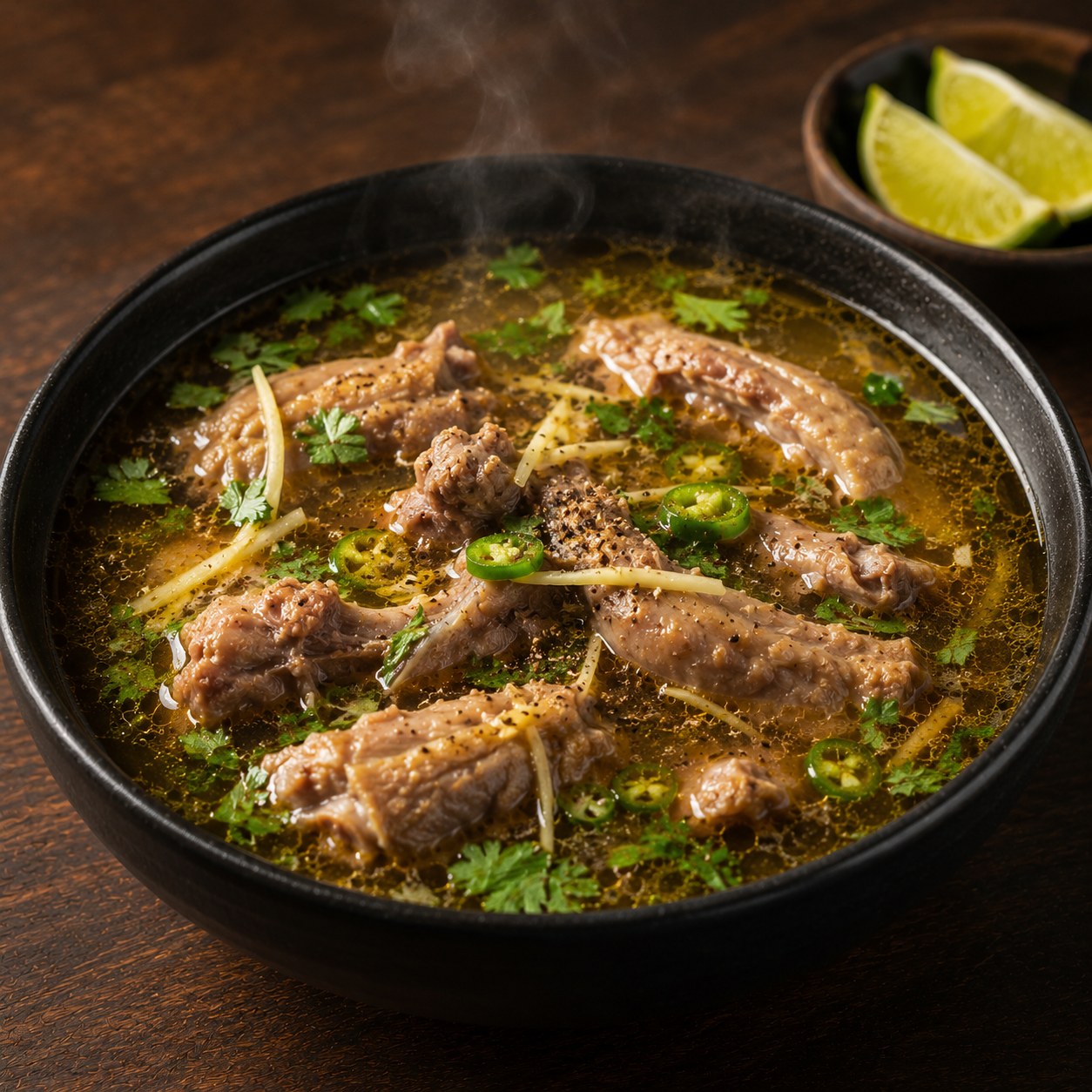 Steaming chicken neck soup with coriander and green chilli
